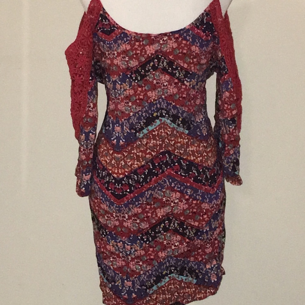 Cold Shoulder Crocheted Print Dress